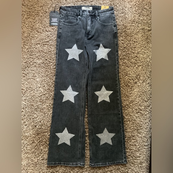 Rock&Roll Denim - Black Flare Jeans with Silver Glitter Star Accents